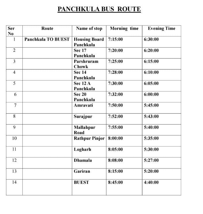 PANCHKULA BUS ROUTE